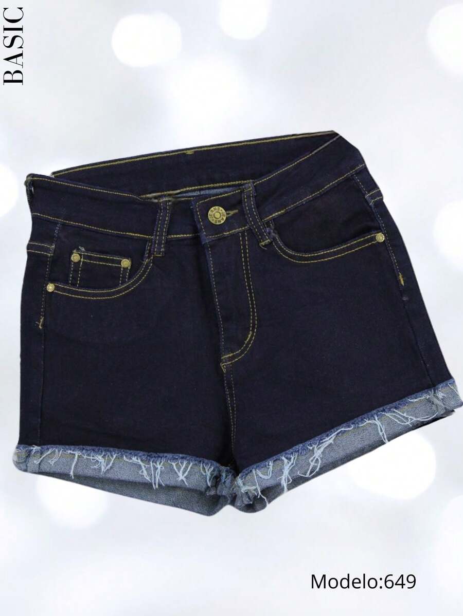 Short- short azul- diseño rasgado- 1 boton- basico- casual- pantalones cortos- pantalones cortos de mujer- ropa de verano- ropa de playa- ropa para vacacionar- chor- shorts. - Ver 1