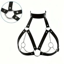 1入女性身體擁抱帶金屬鏈內衣束縛籠胸衣吊帶哥特腰帶情趣服飾配件 - 黑色 - 查看 4