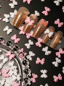 1包y2k可愛粉白色樹脂蝴蝶結3d指尖裝飾diy霧面2色混合大蝴蝶結平底可愛女性休閒藝術指甲藝術配件 - 彩色 - 查看 3