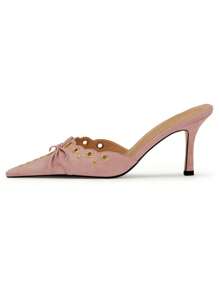 High Heeled Mules For Women Slip On Pointy Bow Heels Suede Dress Kitten Pumps Backless Wedding Shoes - 粉色 - 查看 2