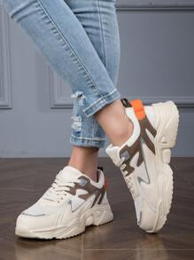 Zapatos de mujer con malla transpirable y con mezcla de colores, hilo de coser entrelazado de color combinado, zapatos atléticos blancos con plataforma gruesa y cuña para correr al aire libre