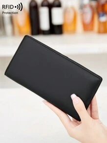 CHARM INFINITE Rfid Anti-Theft Pu Portable Bi-Fold Ultra-Slim Multi-Card Slot Check Credit Card Holder Zipper & Snap Closure Minimalist & Fashionable Coin For Men Wallet Purse Wallet Long Wallet - Black - View 3