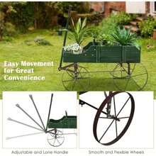 Flower Trolley With Metal Wheels, Wooden Flower Stand, Wooden Trolley For Flowers&Plants, Flower Box, Plant Stand For Garden&Terrace&Outdoor, Shelf For Flower Pot - Green - View 4
