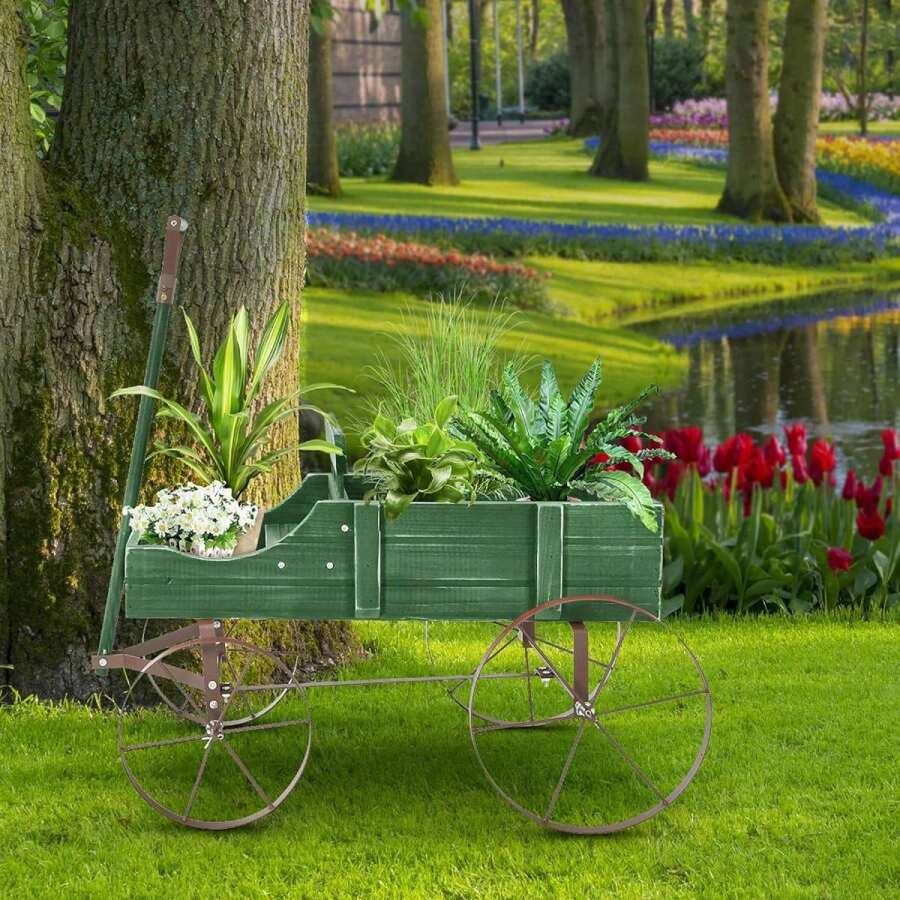 Flower Trolley With Metal Wheels, Wooden Flower Stand, Wooden Trolley For Flowers&Plants, Flower Box, Plant Stand For Garden&Terrace&Outdoor, Shelf For Flower Pot - Green - View 1