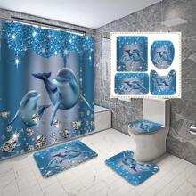 1/4 piezas Conjunto de cortinas de ducha con brillantes rhinestones azules, cortina de ducha con impresión 3D de delfines oceánicos, alfombra de baño antideslizante, alfombra de inodoro, accesorios de decoración de baño para otoño y vuelta al cole