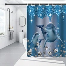 1/4 piezas Conjunto de cortinas de ducha con brillantes rhinestones azules, cortina de ducha con impresión 3D de delfines oceánicos, alfombra de baño antideslizante, alfombra de inodoro, accesorios de decoración de baño para otoño y vuelta al cole