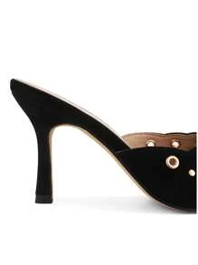 High Heeled Mules For Women Slip On Pointy Bow Heels Suede Dress Kitten Pumps Backless Wedding Shoes - màu đen - Xem 9