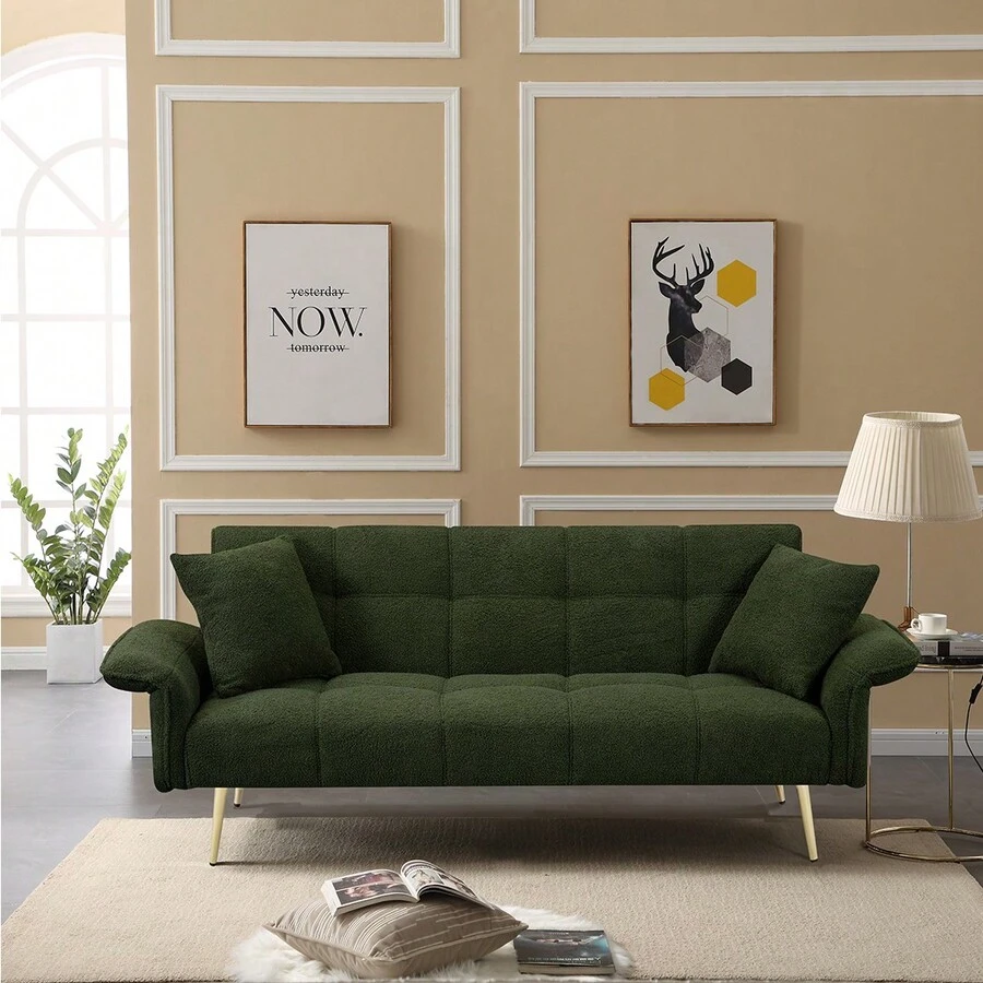 70-Inch Teddy Fleece Sofabed, Convertible Futon Sofabed With Adjustable Arms And Backrest, Modern Love Sofa For Living Room And Bedroom - màu xanh lá - Xem 1