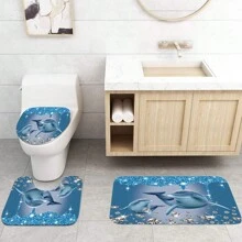 1/4 piezas Conjunto de cortinas de ducha con brillantes rhinestones azules, cortina de ducha con impresión 3D de delfines oceánicos, alfombra de baño antideslizante, alfombra de inodoro, accesorios de decoración de baño para otoño y vuelta al cole