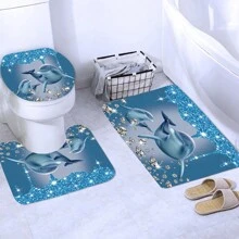 1/4 piezas Conjunto de cortinas de ducha con brillantes rhinestones azules, cortina de ducha con impresión 3D de delfines oceánicos, alfombra de baño antideslizante, alfombra de inodoro, accesorios de decoración de baño para otoño y vuelta al cole