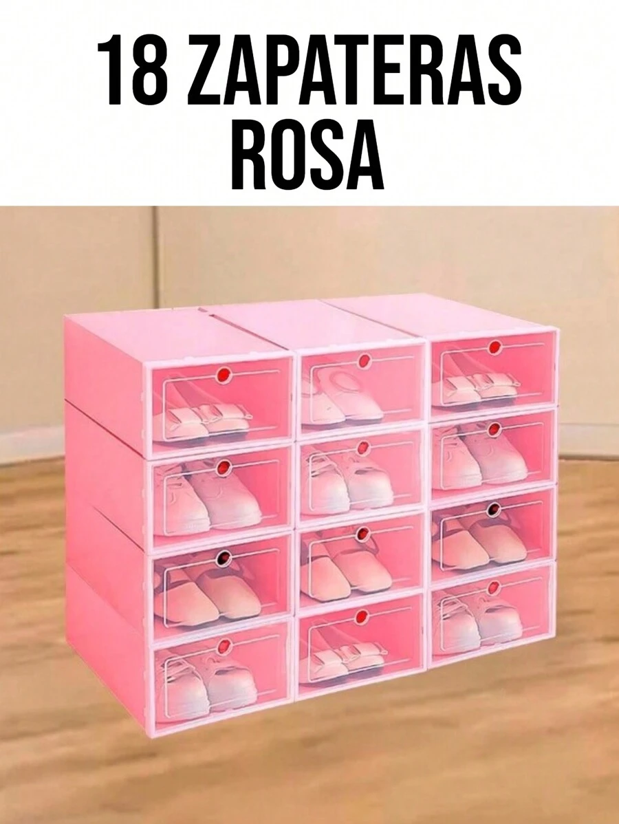 Paquete de 18 Cajas Por Color para Zapatos Apilable de Transparente, Zapatera Organizador a Prueba de Polvo, Zapatero con Solapa Transparente, Caja Zapatera Puede Utilizarse por Separado, Ahorro de Espacio - Rosa - Ver 1