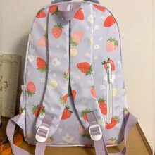 1 pieza Mochila con diseño de fresa con gran capacidad, diseño ligero y multifuncional adecuado para uso diario, casual, viajes, trabajo y clases para el Día de San Valentín - Morado - Ver 3