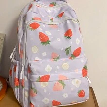 1 pieza Mochila con diseño de fresa con gran capacidad, diseño ligero y multifuncional adecuado para uso diario, casual, viajes, trabajo y clases para el Día de San Valentín - Morado - Ver 5