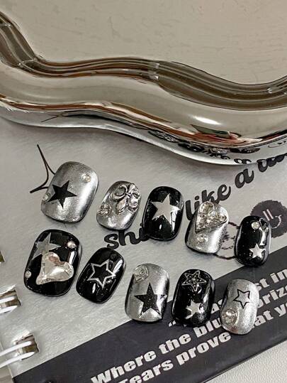 10pcs Black Silver Mirror Star Heart Rhinestone Press On Nails | Y2K Cyber Punk Glitter False Nails Set For Club & Party
