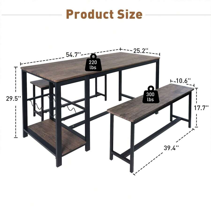 DC DICLASSE 3 PCS Dining Table Set For 4 Person Table Chair Bench Space