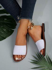 Summer Beach Slippers Women Flat Knitted Open Toe Slip On Shoes Casual Woven Strap Slides, For Outdoors