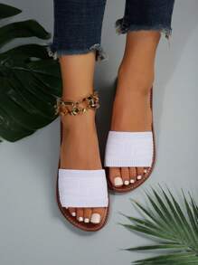Summer Beach Slippers Women Flat Knitted Open Toe Slip On Shoes Casual Woven Strap Slides, For Outdoors