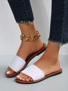 Summer Beach Slippers Women Flat Knitted Open Toe Slip On Shoes Casual Woven Strap Slides, For Outdoors