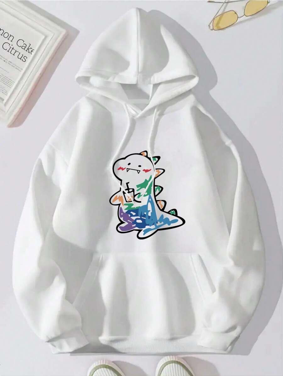 Hombres Pullover de cuello redondo con estampado de dinosaurio de dibujos animados - Blanco - Ver 1