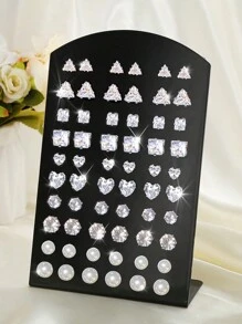 24-30 件/套时尚精致闪亮人造珍珠心形、几何三角形银耳环，适合派对、约会、礼物、日常佩戴 - 銀色 - 查看 5