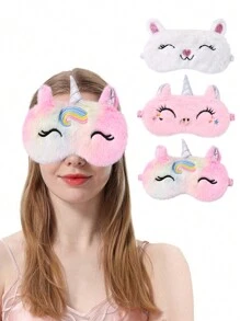 3pcs/Set Girls' Cute Rabbit & Unicorn Shaped Elastic Plush Sleep Mask For Daily Resting And Wearing