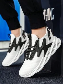 1雙時尚男士運動輕便鞋,黑白透氣布料,前綁帶戶外休閒跑步鞋 - 黑與白 - 查看 1