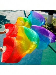 1 par de abanicos de seda para danza del vientre de 1.8 m, abanico largo de bambú para baile nacional - siete colores - Ver 1