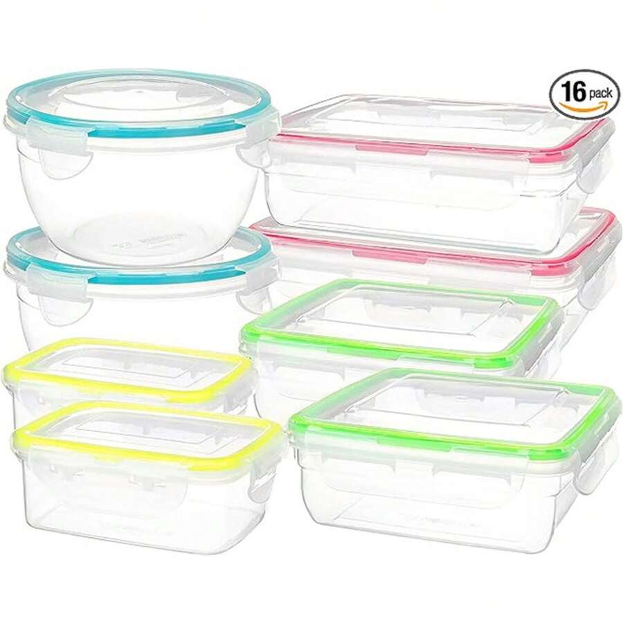 16 Piece Clip Lock Food Container Storage Set - Microwave & Dishwasher Safe Kitchen Box - Multicolor - View 1