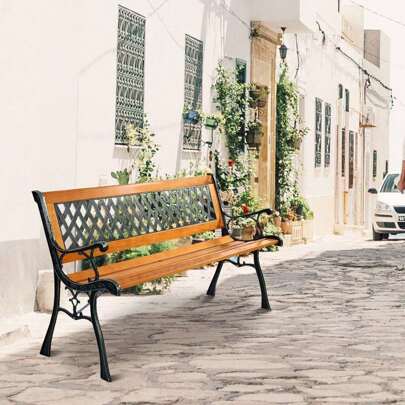 Garden Bench With Backrest & Armrests & Cast Iron Feet, Park Bench Made Of New Zealand Pine Wood, Weatherproof Garden Furniture With Load Capacity 210 Kg, For Garden, Terrace And Balcony