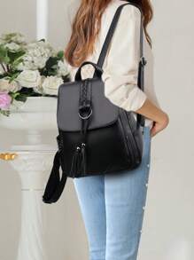 Large-Capacity Waterproof Flip Backpack Student School Bag Lightweight Portable Minimalist Classic Backpack Zip Front For Teen Girls Women College Students White-Collar Workers Perfect For School College Work Business Commute Back To School - Black - View 5