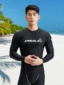 SABOLAY Áo thun dài tay in họa tiết đơn giản phong cách bạn trai mùa xuân/hè cho nam đi biển/lướt sóng, chống tia UV, nhanh khô, chống clo - màu đen - Xem 2
