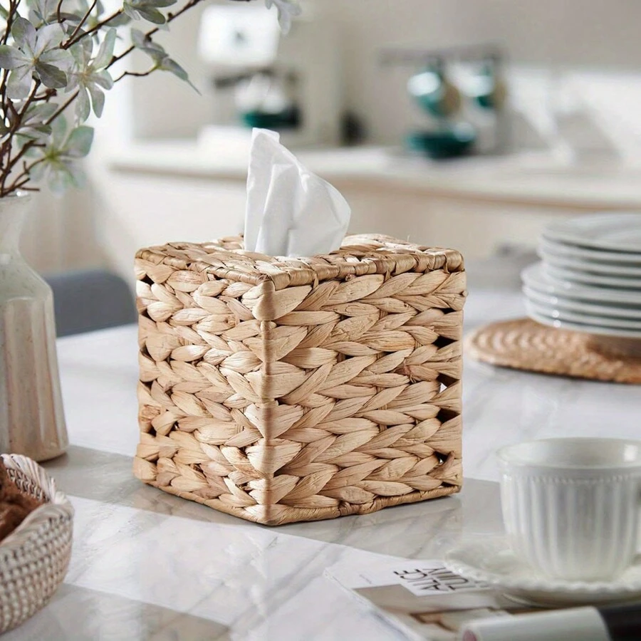1pc Water Hyacinth Paper Towel Box, Square And Rectangle Woven Paper Towel Box, Simple Buckle Paper Towel Box, Suitable For Bathroom, Living Room, Bedroom, Vanity, Home Decor, Bathroom Accessories, Home Goods, Table, Home Organization And Storage