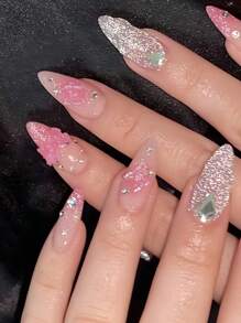 24 chiếc Móng tay giả lấp lánh đầy kim cương theo phong cách Âu Mỹ cao cấp + 1 keo thạch + 1 dũa móng tay Bấm vào móng tay Đồ dùng làm móng - Nhiều màu - Xem 2