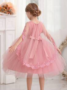 Young Girl Lace Contrast Mesh Cape Dress, Elegant Princess Gown For Easter Party, Girls Birthday Party Dress, Flower Girl Wedding Bridesmaid Ball Gown - Pink - View 8