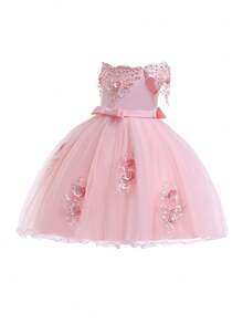 Bow Beaded Off Shoulder Formal Dress, Puffy Princess Prom Gown For Tween Girls - Pink - View 2