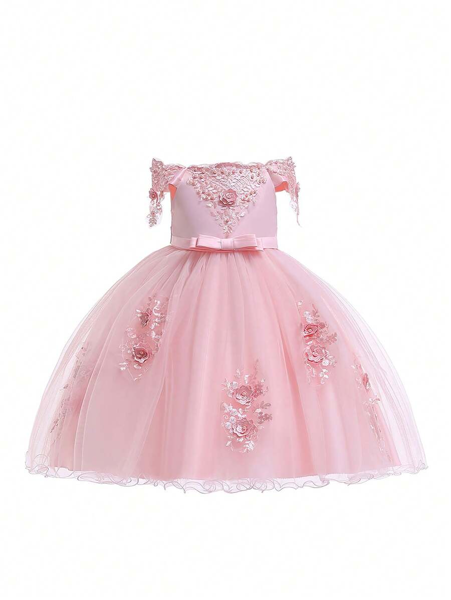 Bow Beaded Off Shoulder Formal Dress, Puffy Princess Prom Gown For Tween Girls - Pink - View 1