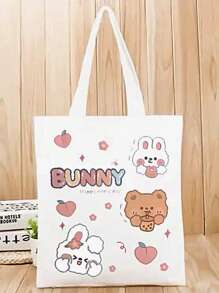 Bolso De Hombro De Lona De Moda Para Mujeres Con Patrón De Oso Impreso En Colores, Bolsa Grande Y Espaciosa Para Estudiantes