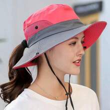 Street 1pc Women's Color Block Embroidered Bucket Hat For Beach, Hiking, And Other Outdoor Activities, With Windproof Strap And Room For Ponytail