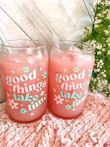 1pc ,480ml Good Things Take Time Aesthetic Can Shaped Glass | Cute Boho Retro Inspired Coffee Cup Or Mug | Mother's Day Or Best Friend Gift - Clear - View 7