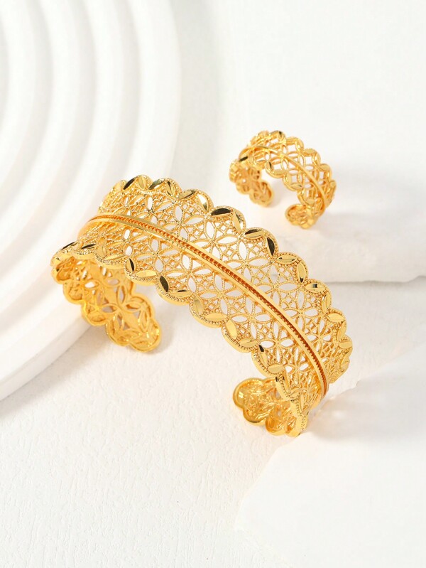 Ensemble De Bijoux De Mariage Pour Femmes Plaqué Or 24 Carats Avec Pièce En Relief Et Large Façade, 1 Bracelet Et 1 Bague