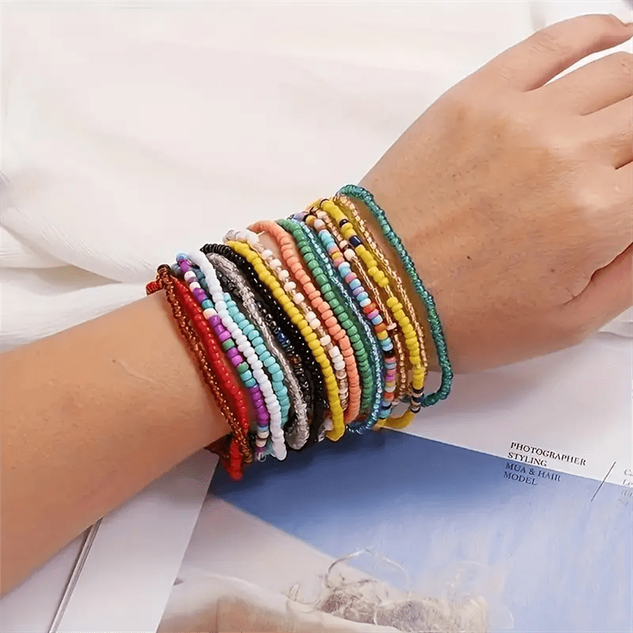 30 Stück Armband Set - Bunte Glasperlen Armbänder Im Boho Style
