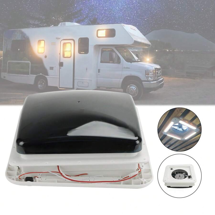11" RV Caravan Roof Vent 3-Speed Motor RV Fan 12V Skylight With LED Light - Black - View 1