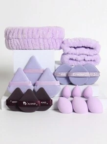 18件套化妆工具套装，包含1个头带、2个腕带、3个普通化妆海绵、3个迷你化妆海绵、3个三角粉扑和6个气垫粉扑。这款化妆海绵套装可帮助您轻松晕染粉底液、粉底霜和粉状产品，打造完美妆容。不含乳胶，适合所有肤质。赠品、旅行、平价好物、旅行必备 - 彩色 - 查看 1