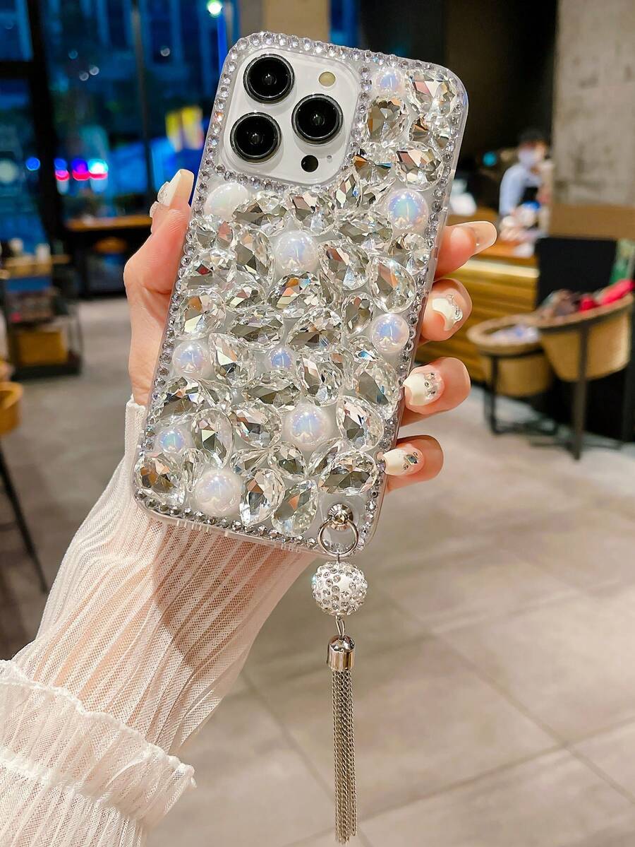 新款个性化高端奢华 Tpu 手机壳，镶嵌水钻和宝石，全覆盖，防摔，钻石吊坠 - 銀色 - 查看 1