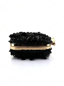 Gorgeous Beaded Tassel Square Shape Hard Shell Evening Clutch Bag For Brides And Parties, With Chain - Black - View 7