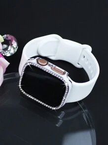 Tương thích với bộ dây đeo và vỏ đồng hồ kết hợp thời trang, thể thao, mềm mại và thoải mái, khóa đinh tán, dây đeo silicon + vỏ máy tính chống rơi và chống xước đính kim cương sáng bóng có kính cường lực tích hợp, vỏ tương thích với Apple Watch 38/40/41/42/44/45/46/49mm, dây đeo thay thế, tương thích với Apple Watch Series Ultra/11/10/9/8/7/6/5/4/3/Se, vỏ dây đeo dành cho nữ - trắng - Xem 8