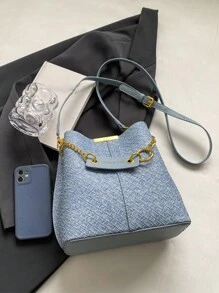 CHLCBAGS 1件 (8.66in*8.66in*4.72in) 時尚女款斜挎包，金屬裝飾，可調節細肩帶，適合上班通勤、購物、約會，優雅極簡水桶包，不織布壓紋裝飾包 - 藍色 - 查看 3