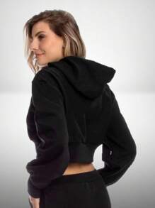 Blusa Cropped Corta Vento De Moleton Inverno 2022 Modelo Bloguerinha Tumbrl - Branco - Visão 4