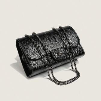 1入實色多功能pu鱷魚紋壓花翻蓋肩袋,卡鉗鎖扣,女款白色小鋼琴鏈斜跨包,簡約日常風