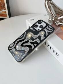 Y2k 1pc Black Geometric Wavy Pattern Mirror & Rhinestone Decor Anti-Drop Phone Case Compatible With IPhone 15promax Waterproof Shockproof Scratch Resistant - Black - View 6